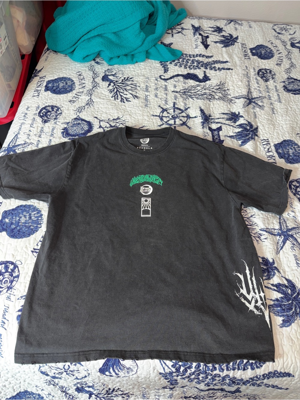 YoungLA Black Short Sleeve Graphic Tee with Green Accent